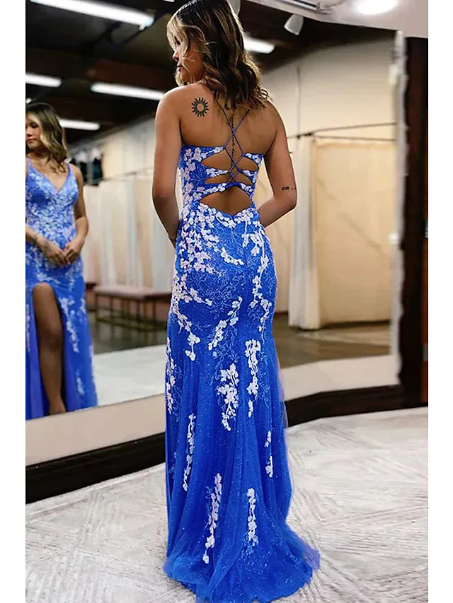 Prom Dresses Sexy Dress Formal Sleeveless V Neck Tulle Backless with Slit Appliques