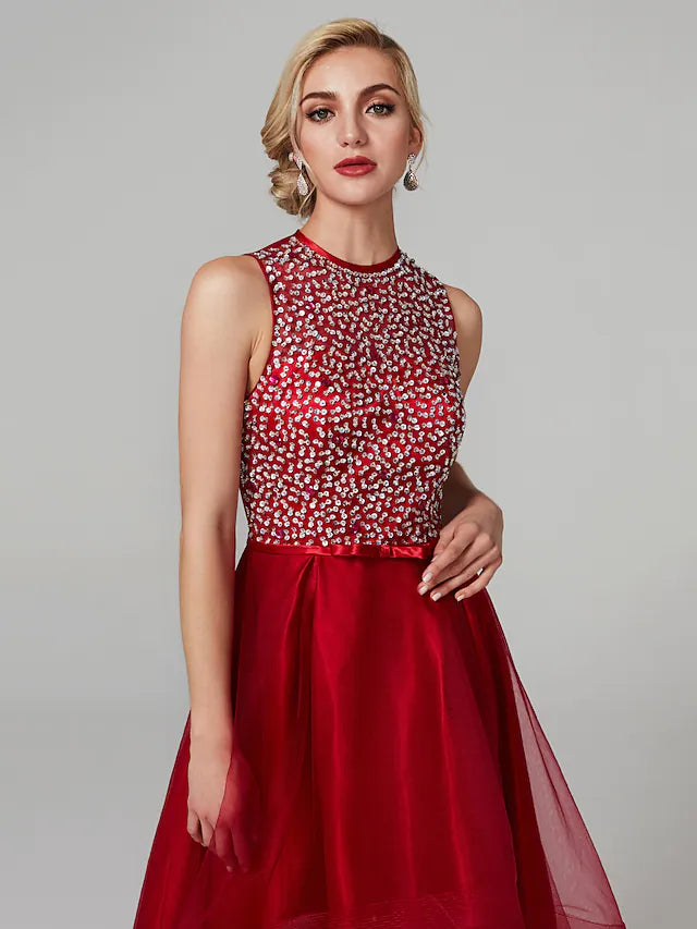 Sparkle & Shine Dress Wedding Guest Asymmetrical Sleeveless Jewel Neck Satin with Bow(s) Sequin
