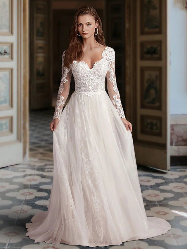 Engagement Formal Wedding Dresses Court A-Line Long Sleeve V Neck Lace Koutun Dress Engagement Formal Wedding Dresses Court A-Line Long Sleeve V Neck Lace Koutun Dress