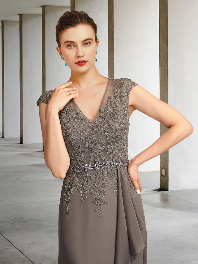 Mother of the Bride Dress Elegant V Neck Floor Length Chiffon Lace Cap Sleeve with Sash Ribbon Appliques