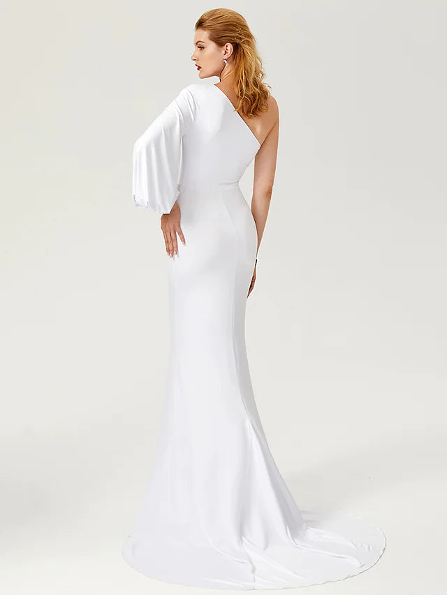 Celebrity Style Dress Engagement Court Long Sleeve One Shoulder Jersey with Pleats
