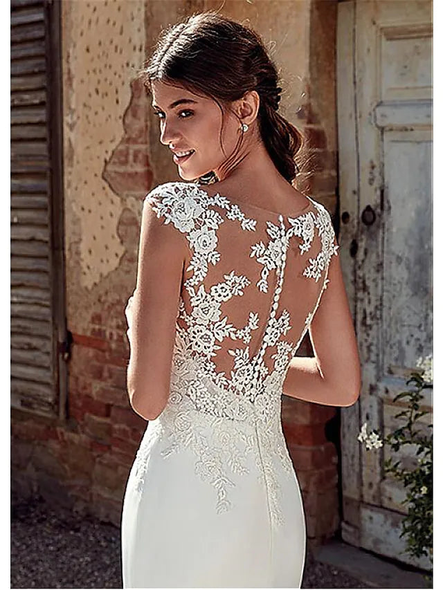 Beach Open Back Wedding Dresses Court Train Mermaid Trumpet Cap Sleeve Bateau Neck Illusion Neck Chiffon With Appliques