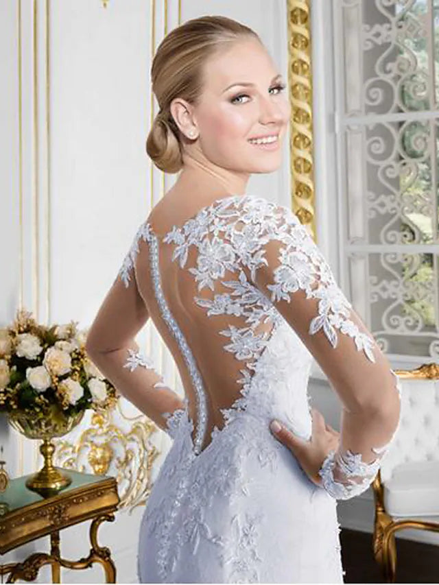 Open Back Sexy Formal Wedding Dresses Chapel Train Mermaid Trumpet Long Sleeve Bateau Neck Lace With Lace Appliques
