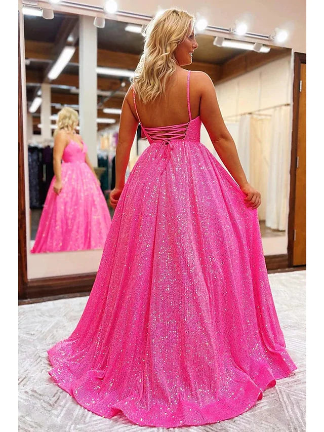 Prom Dresses Sparkle & Shine Dress Formal Sleeveless V Neck Sequined Backless with Pleats Sequin