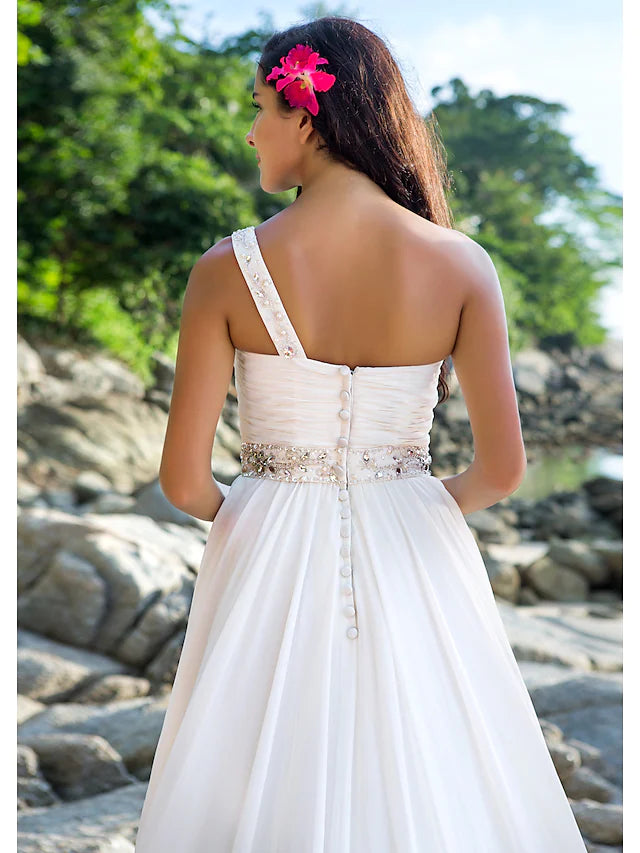 Beach Open Back Wedding Dresses A-Line Regular Straps One Shoulder Chiffon With Sash Ribbon Beading
