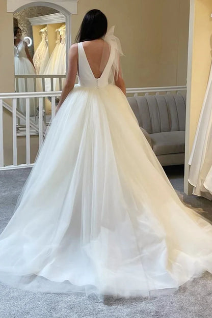 A-Line White Tulle Plunge V Open Back Wedding Dress