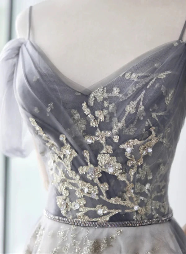 Light Grey Tulle A-line Straps Long Prom Dresses Evening Dress