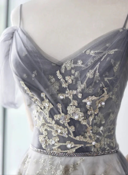 Light Grey Tulle A-line Straps Long Prom Dresses Evening Dress