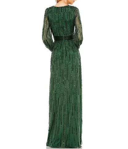 Sequin Surplice V-Neck Long Puff Sleeve Gown Evening Dresses