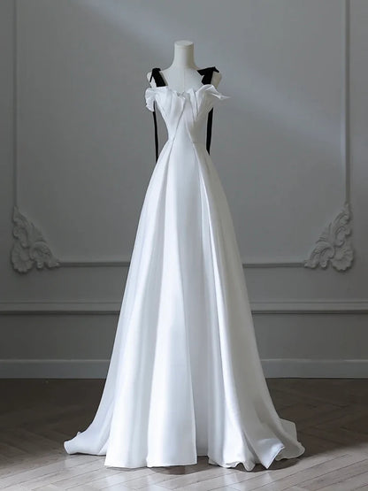A-Line Satin White Long Prom Dress Formal Dress with Sweep Train