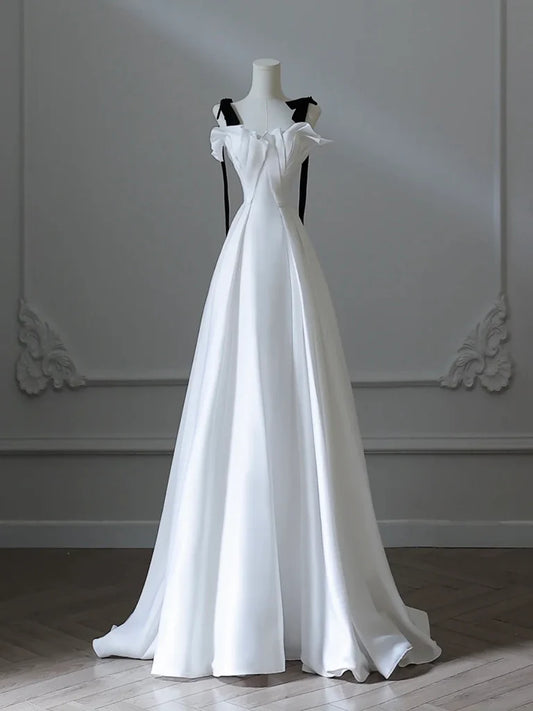 A-Line Satin White Long Prom Dress Formal Dress with Sweep Train