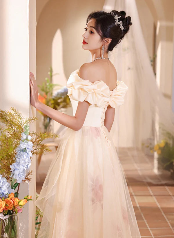 A-line Light Champagne Off Shoulder Long Prom Dress Evening Dress