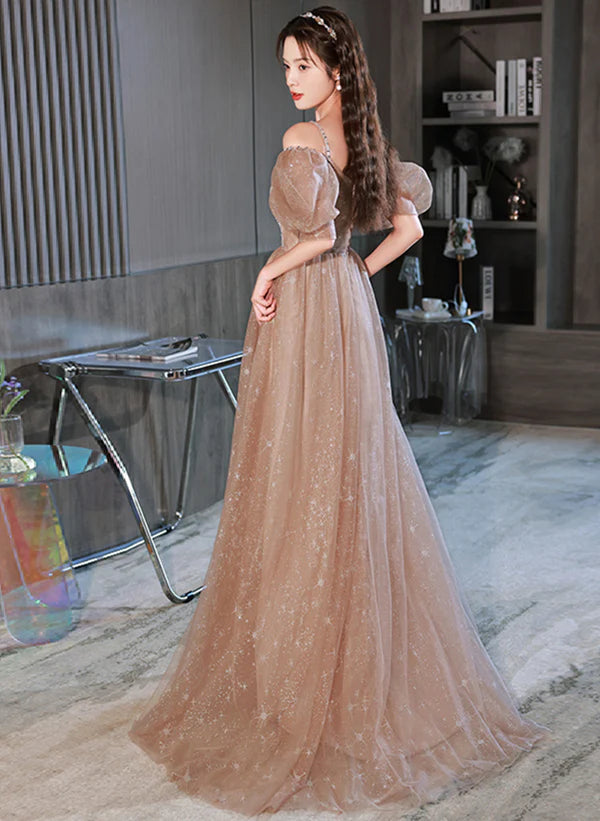 A-line Champagne Tulle Off Shoulder Long Party Dress Formal Dress Prom Dress