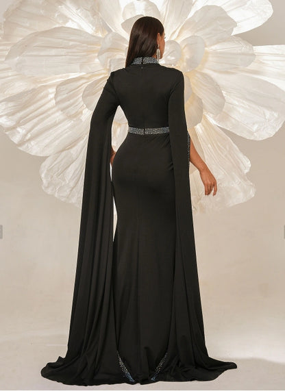 Black Mermaid / Trumpet Evening Gown Formal Floor Length Long Sleeve Illusion Neck Stretch Crepe with Glitter