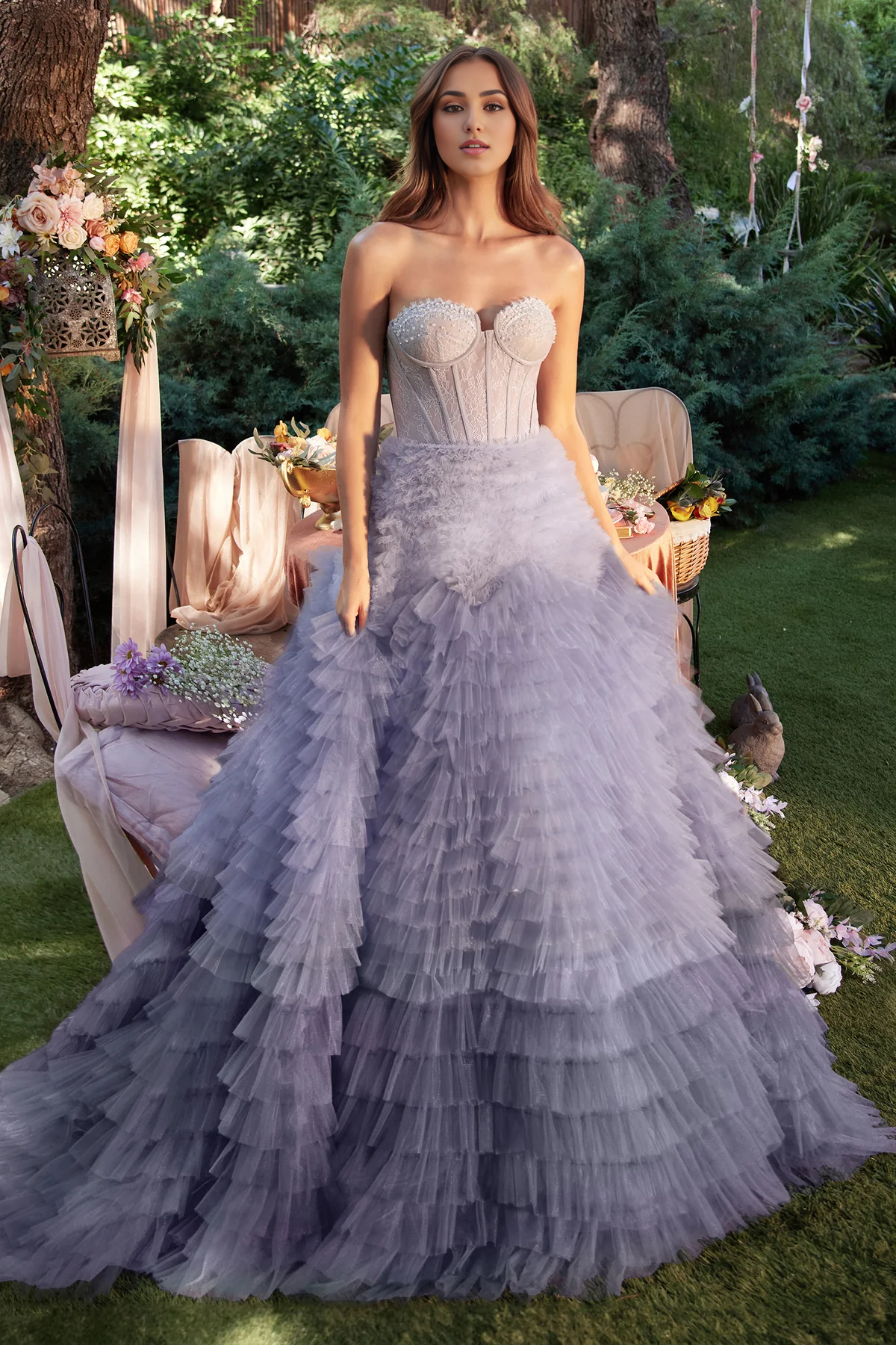Strapless Ruffled Ball Gown Party Dress Sweep / Brush Train Tulle with Ruffles