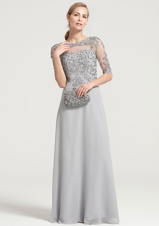 A-line Half Sleeve Floor-Length Chiffon Mother of the Bride Dress With Sequins Appliqued
