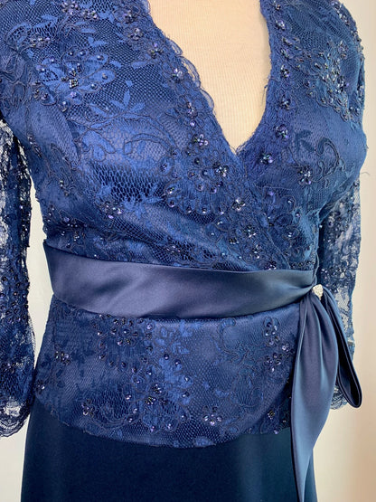 Navy Blue Lace Top Formal Dress Mother of the Bride Lace 3/4 Sleeve Dress A line Satin Cocktail Dresses