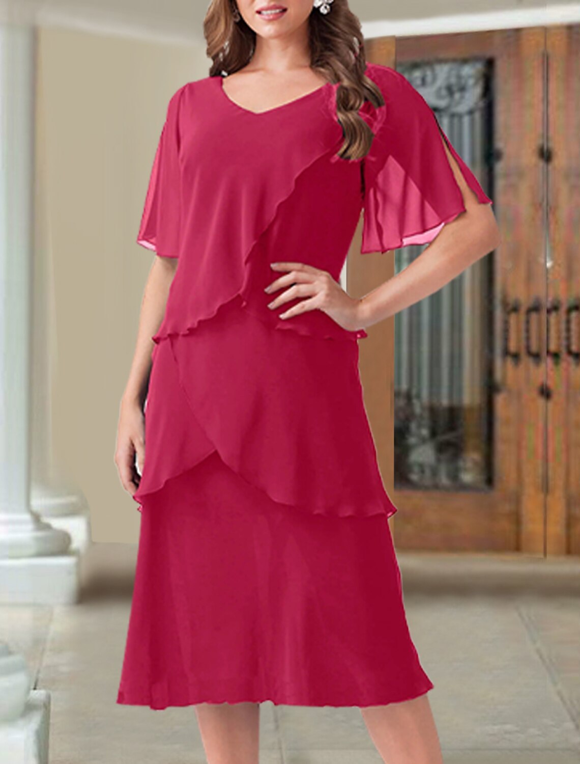 A-Line Mother of the Bride Dress Wedding Guest Elegant V Neck Tea Length Chiffon Short Sleeve with Ruffles