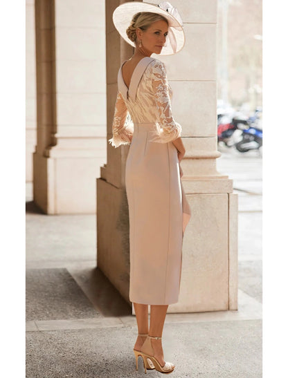 Sheath / Column Mother of the Bride Dress High Neck Tea Length Stretch Fabric 3/4 Length Sleeve with Feather Lace Pleats