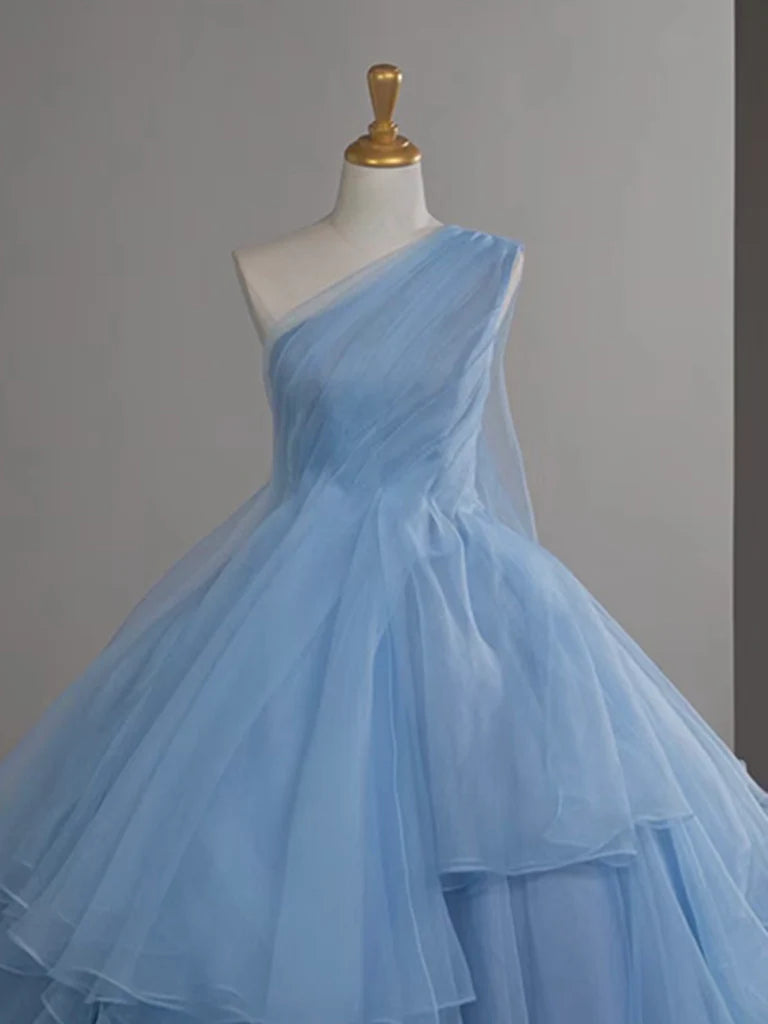 Ball Gown One Shoulder Tulle Blue Ruffle Tiered Long Prom Dress Evening Dress