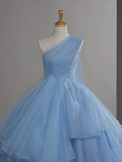 Ball Gown One Shoulder Tulle Blue Ruffle Tiered Long Prom Dress Evening Dress