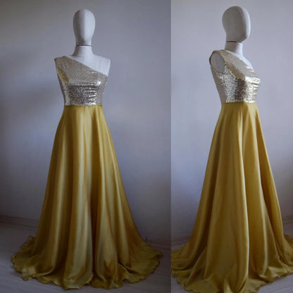 One-Shoulder Gold Sequin Bridesmaid Dress Wedding Party Sparkly One Shoulder Chiffon Dress