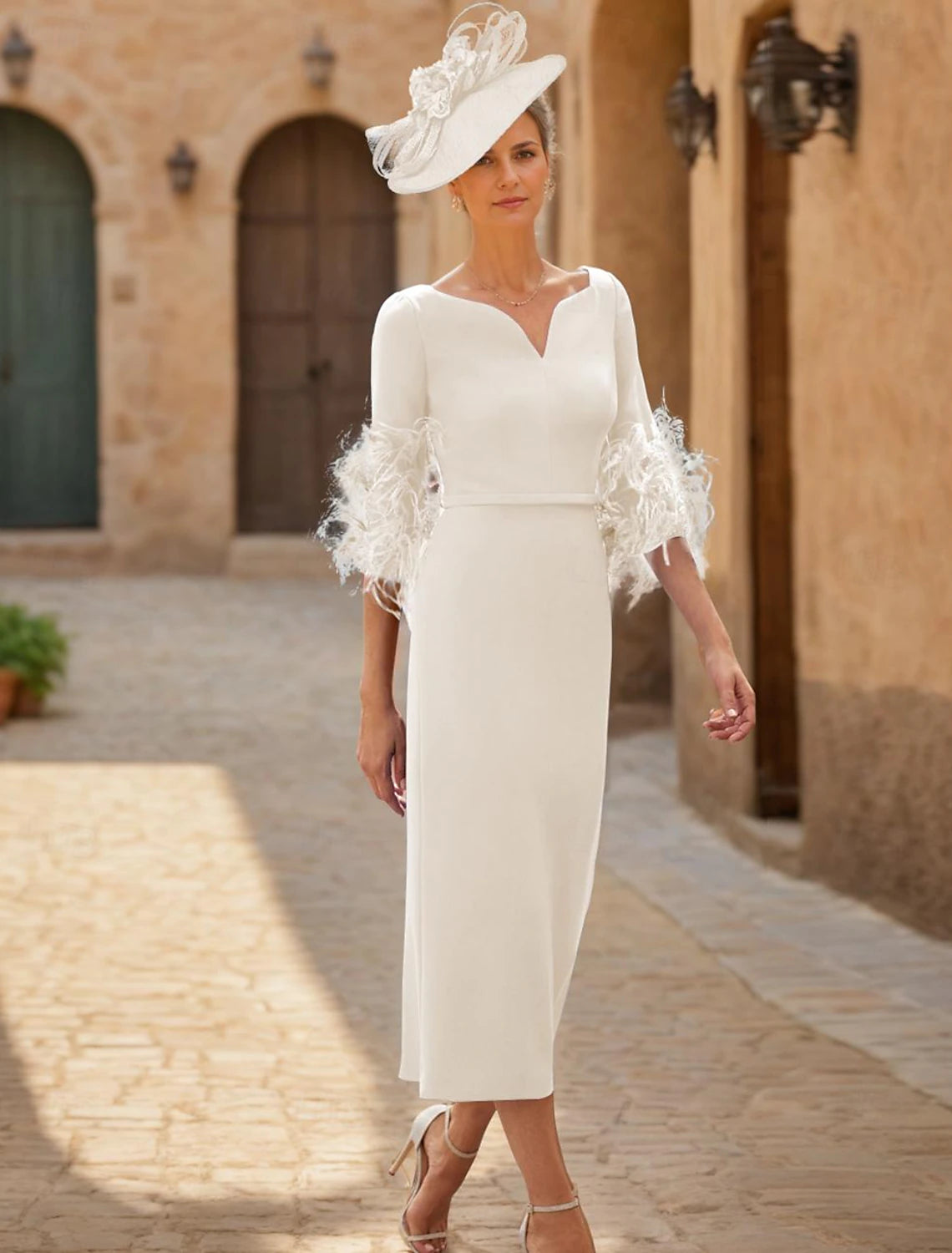 Sheath / Column Mother of the Bride Dress Wedding Guest Elegant V Neck Ankle Length Half Sleeve with Feather