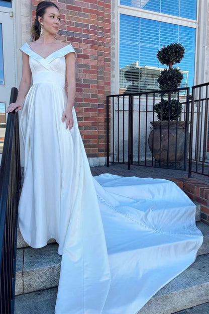 White V-Neck High-Waist A-Line Long Chapel Train Wedding Dress