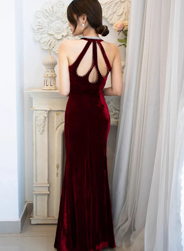 Wine Red Velvet Deep V-Neck Mermaid Beaded Long Party Dress Prom Dress