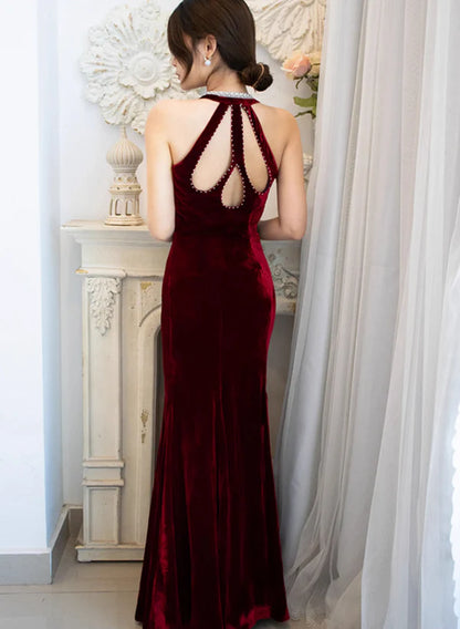 Wine Red Velvet Deep V-Neck Mermaid Beaded Long Party Dress Prom Dress