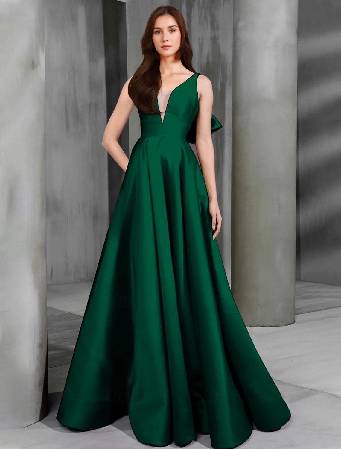 A-Line Evening Gown Christmas Dress Sleeveless V Neck Satin with Bow(s)