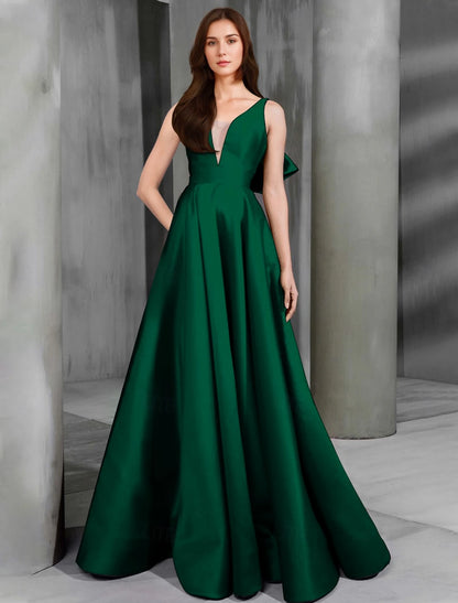 A-Line Evening Gown Christmas Dress Sleeveless V Neck Satin with Bow(s)