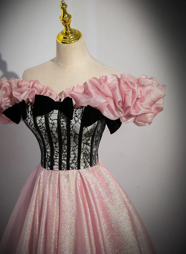 Elegant A-line Pink Off Shoulder Long Evening Dress Pink with Black Lace Long Prom Dress