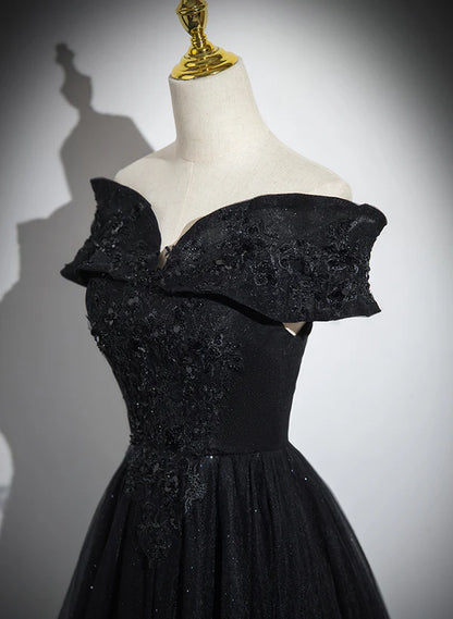Glitter Black Off Shoulder A-line Tulle With Lace Party Dress Long Prom Dress