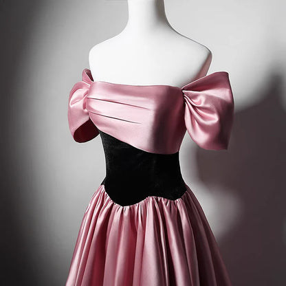 Off Shoulder Satin Scoop A-line Long Party Dress Pink and Black Prom Dress