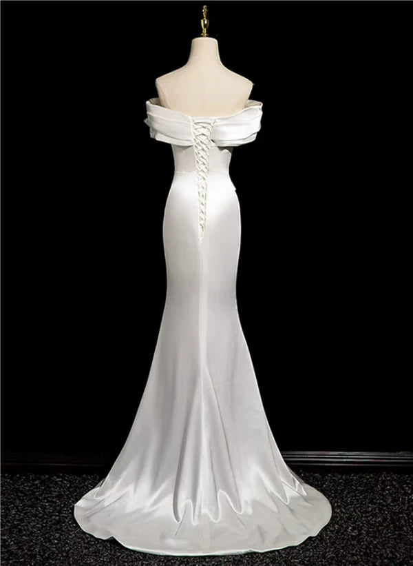 White Mermaid Satin Off Shoulder Ruched Long Party Dress Wedding Party Dress