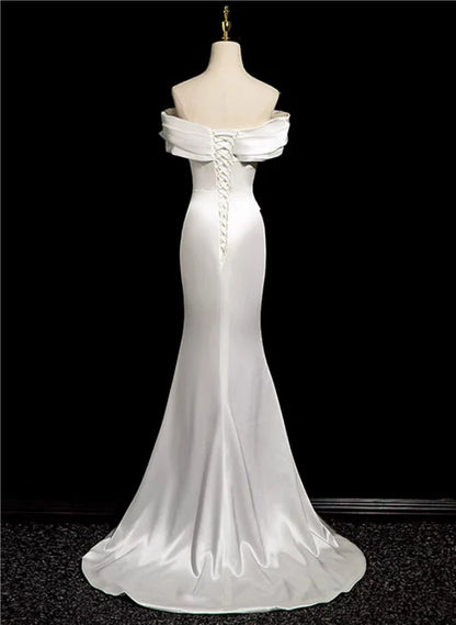 White Mermaid Satin Off Shoulder Ruched Long Party Dress Wedding Party Dress