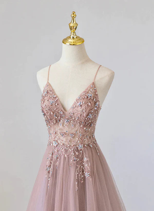 Pink V-neckline Beaded Spaghetti Strap Floor Length Party Dress Long Formal Dress
