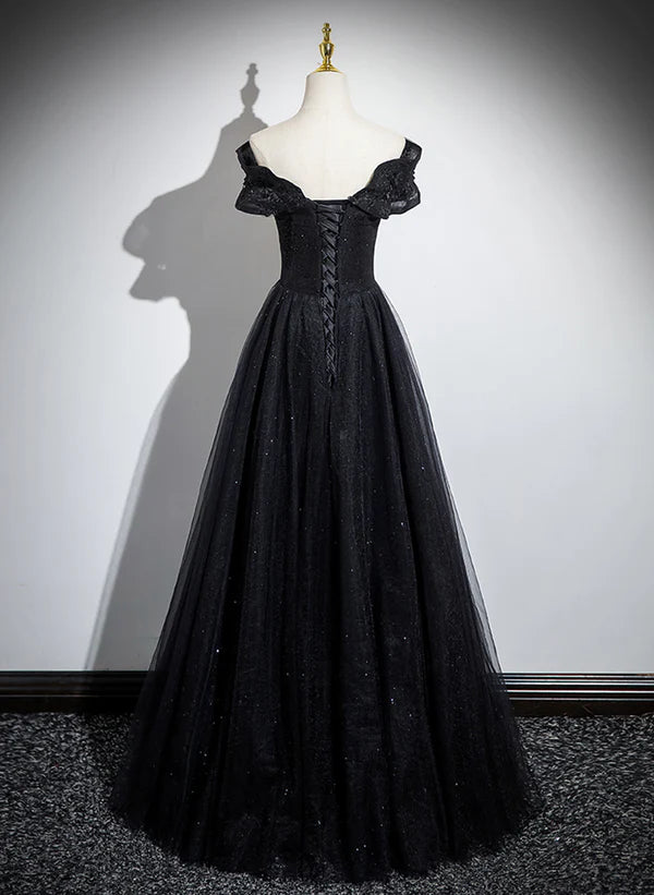 Glitter Black Off Shoulder A-line Tulle With Lace Party Dress Long Prom Dress