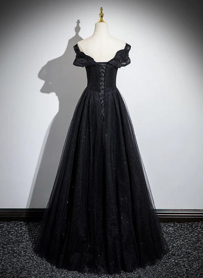 Glitter Black Off Shoulder A-line Tulle With Lace Party Dress Long Prom Dress