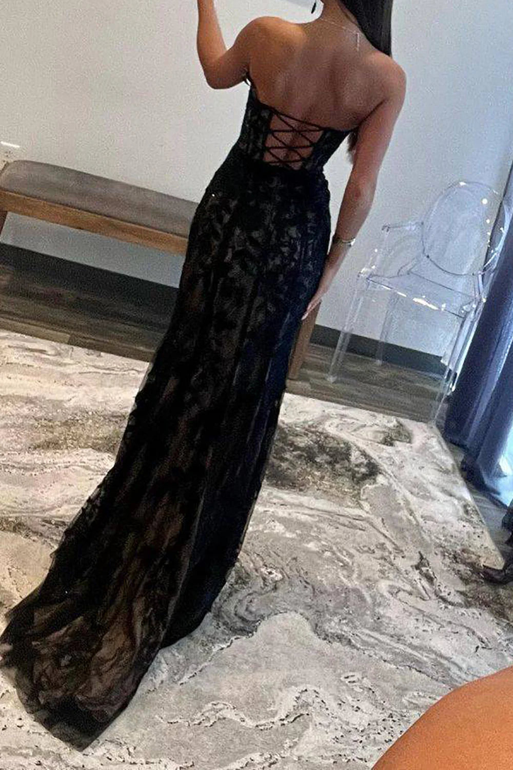 Mermaid Sweetheart Black Floor-length Corset Prom Dress Appliques With Slit