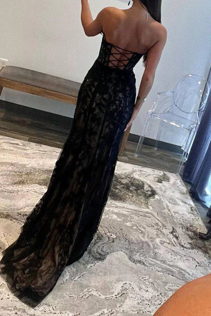 Mermaid Sweetheart Black Floor-length Corset Prom Dress Appliques With Slit