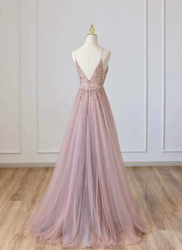 Pink V-neckline Beaded Spaghetti Strap Floor Length Party Dress Long Formal Dress