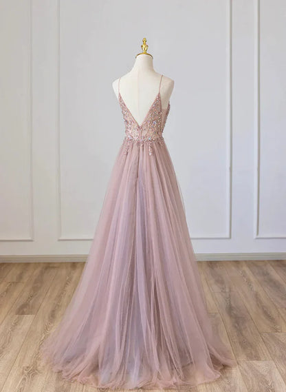 Pink V-neckline Beaded Spaghetti Strap Floor Length Party Dress Long Formal Dress