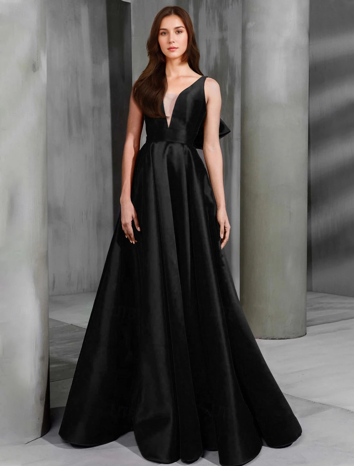 A-Line Evening Gown Christmas Dress Sleeveless V Neck Satin with Bow(s)