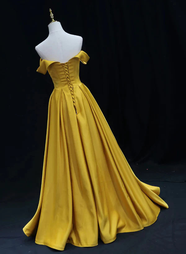 Yellow A-line Simple Satin Off Shoulder Prom Dress Formal Dress
