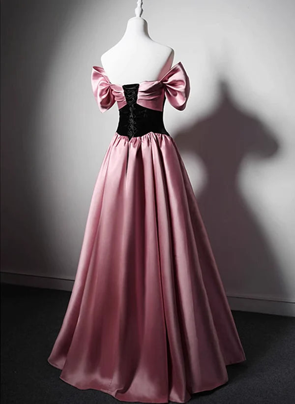 Off Shoulder Satin Scoop A-line Long Party Dress Pink and Black Prom Dress