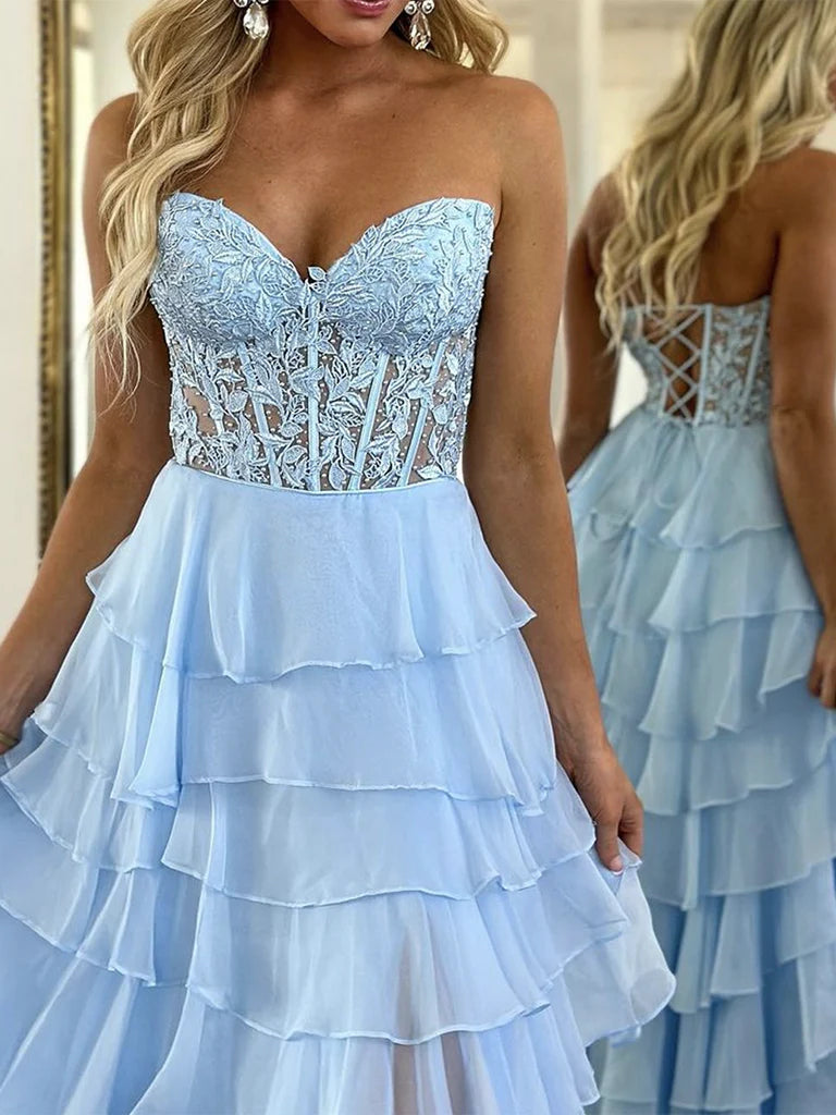 A-Line Sweetheart Neck Lace Chiffon Blue Long Prom Dress