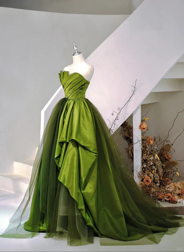 A-Line Princess Ballgown Green Satin and Tulle Sweetheart Long Party Dress Prom Dress
