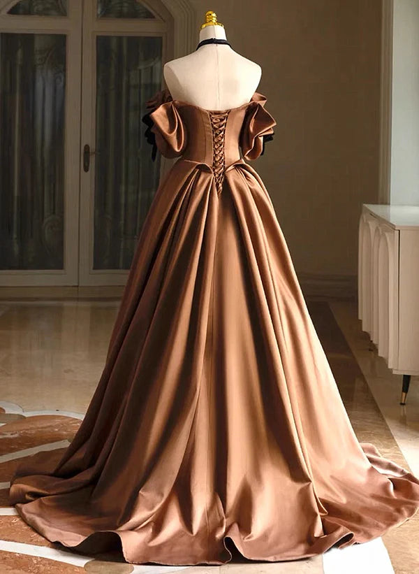 A-line Ballgown Brown Satin Off Shoulder Scoop Long Prom Dress Evening Dress